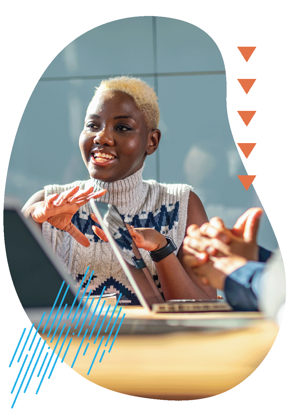 Cheerful woman in her 20s in business meeting with colleagues, teamwork, discussion, connection